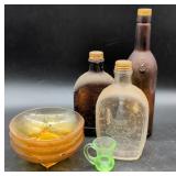 Glass Bowls and Bottles Lot with Mini Pitcher