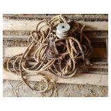Rope and wooden pulleys