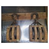 2 wooden block pulleys