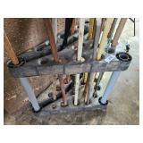 Long handled tool rack, tools & peg board