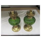 QTY (2) GREEN OIL LAMPS (NO CHIMNEYS)