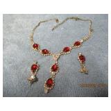 FASHION RUBY & GEMSTONE NECKLACE & MATCHING EAR RI