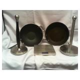 2 All-clad skillets, scale, and 2 paper holders