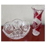 Cut crystal bowl and red/clear cut crystal vase