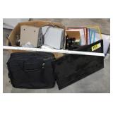 Box of Misc electrical boxes, monitor, misc items