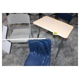 1 desk, 4 chair tops, folding chair with arm desk