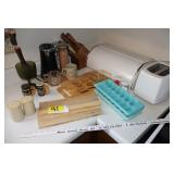 Vintage bread box, can opener, knives, toaster etc