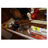 Coin bank, sewing items, misc