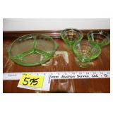 3 Vaseline glass sherbets & relish tray