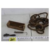 Small pipe wrench, brass scale, horsehair rope