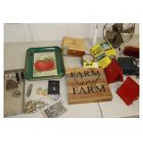 antique fan, signs, tray, radio, etc