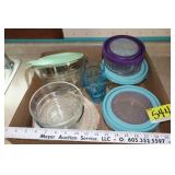 Glass measuring cup, bowls, lids, etc