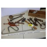 Meat hooks, sledge hammer, tools, antique