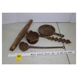 Wood handled drill bit, smelting pot, ladle