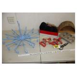 Blanket, dryer, tape measures, etc