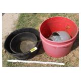 Black tubs, lick tub and pails
