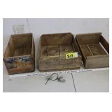 3 wooden boxes & bottle openers & basket w/lid
