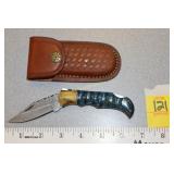 Damascus folding knife with shealth