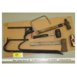 crow bar, hammer, hatchet