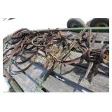 Vintage wagon wheels, axles, steel wheel bands