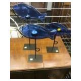 Set of 3 Blue Fish on metal stands, home decor