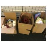 3 Boxes of misc, bears, linens, baskets and more