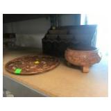 3 Pieces of carved wood items, platter, candy dish and desk organizer 3 Pieces of carved wood items, platter, candy dish and desk organizer