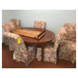 Veneer Table and Chairs, with chair covers. Table is approx 48 inches as pictured, nice set