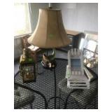 Decor lot, Faux oil lamp, beach chair photo frame, and fish themed lamp Decor lot, Faux oil lamp, beach chair photo frame, and fish themed lamp