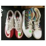 2 pair of shoes colorful pair is size 14, cleats are size 10.5