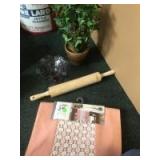 Faux Potted plant, Table Runner, Rolling pin, and Glass Fenton like dish Faux Potted plant, Table Runner, Rolling pin, and Glass Fenton like dish
