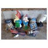7 Cement Figures, 2 Gnomes, Owl, Cardinal, Bear