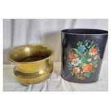 Brass plant holder and metal garbage can