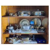 Plated serving dishes, gravy boat, napkin rings,