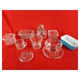 Glass butter dishes, glass cups, plate, etc