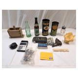 Glass cruet jar, vintage camera, vintage lock,