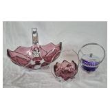 Cobalt blue sugar dish and 2 purple glass