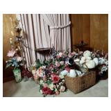 Various artificial plants and flowers, baskets,