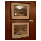 2 vintage watercolor paintings with wooden frame