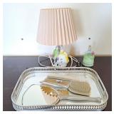 Cute vanity mirror, brush, and comb, tray,