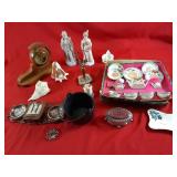 Miniature tea time set, statues, clock, trinket