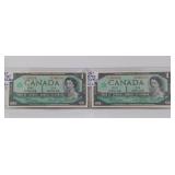 Two 1967 One Dollar Bills with Serial Numbers in