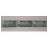 Three 1967 Canada One Dollar Bills with No Serial