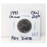 1991 Choice Uncirculated Canadian Quarter. Key
