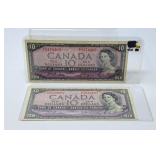 Two 1954 Canada $10 Bills