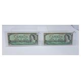 2 in a row. Canada 1954 $1 Bills. UNC