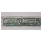 Two 1954 Canada One Dollar Bills. One With Nice
