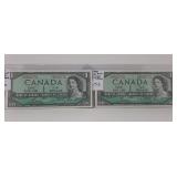 Two 1954 Uncirculated Canadian One Dollar Bills.