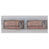 Two 1954 Canada Two Dollar Bills