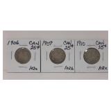1906, 1909 and 1910 Canadian Quarters